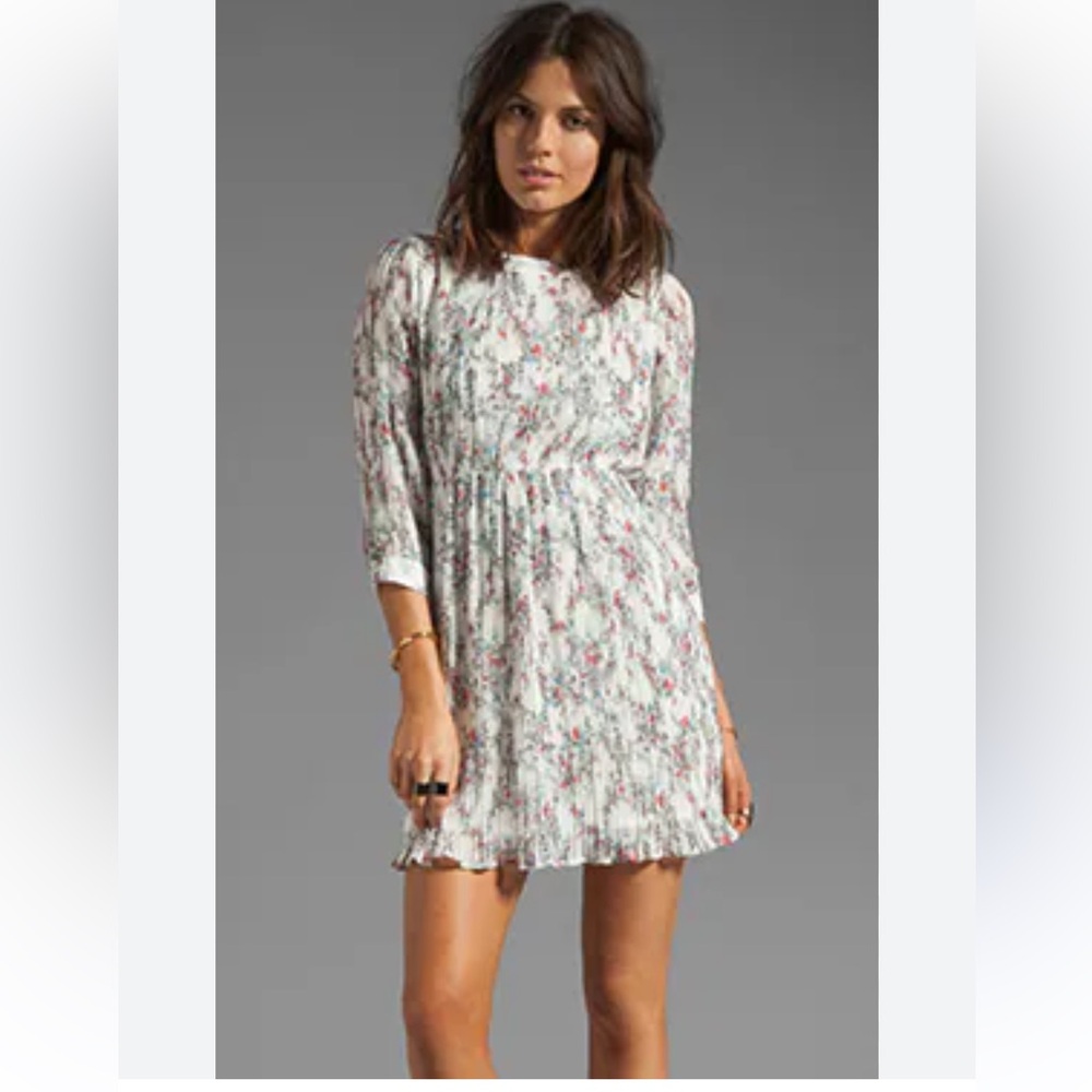 Anine Bing Floral Pleated Mini Dress White Red Blue XS Long Sleeve (710)